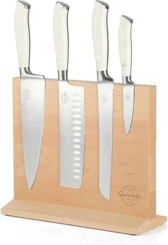 Vista 10 de Sur La Table Kitchen Essentials - Juego de 5 piezas de cuchillos de acero alemán con mango triple remachado en bloque magnético de madera de haya