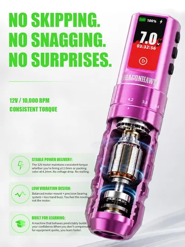 Vista 4 de Dragonhawk Kit de tatuaje inalámbrico A3 Pro, máquina de bolígrafo de 7 Rojo rosa