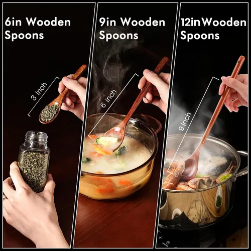 Vista 4 de Cucharas de madera de 6 pulgadas, juego de 6 cucharas de sopa, pequeños utensilios de madera para café, té, mermelada, azúcar, helado y sales