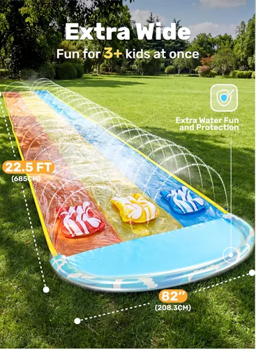 Vista 2 de Sloosh Tobogán acuático triple para césped de 22.5 x 82 pulgadas, agua de césped resistente con 3 tablas de cuerpo y rociador deslizante para niños