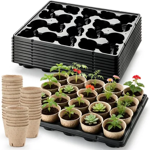 Vista 23 de RooTrimmer Macetas de turba de 3.15 pulgadas, 100 piezas con bandejas de plántulas de 20 celdas, 5 unidades, macetas biodegradables para inicio