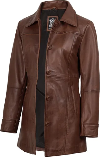 Vista 8 de Decrum Real Lambskin 3/4 Length Leather Jacket Car Coat Style for Women Beige