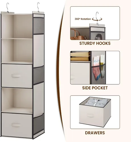 Vista 4 de YOUDENOVA Organizador colgante de armario, estantes colgantes de armario de 5 niveles con 6 bolsillos laterales y 2 cajones, color beige