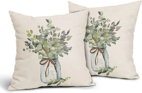 Vista 2 de Juego de 2 fundas de almohada de hojas de eucalipto verdes de 18 x 18 pulgadas, para primavera y verano, para sofá, estilo granja, acuarela