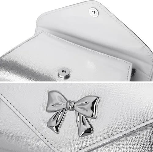 Vista 5 de Gurina Bolso de mano de noche con detalle de lazo, elegante bolsa de fiesta de piel sintética brillante con cadena desmontable para boda y baile