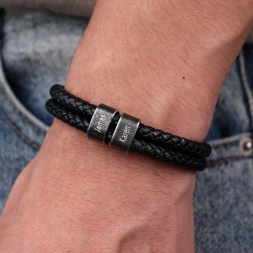 Vista 4 de Pulsera personalizada con nombre para hombre, pulsera de cuero personalizada para hombre con 2-5 cuentas vintage grabadas con nombres de familia