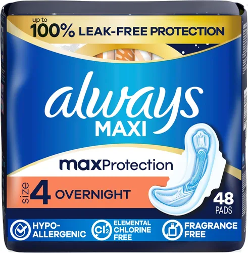 Vista 11 de Always Maxi - Almohadillas femeninas para mujer, talla 4, absorción nocturna, con alas, sin perfume, 26