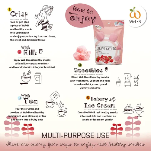 Vista 4 de Wel-B Fruta liofilizada, fresas frescas con yogur liofilizado a chips crujientes, aperitivo saludable para niños y adultos con sabor natural