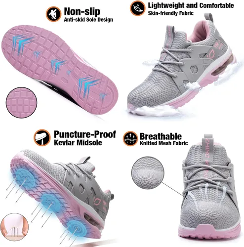 Vista 4 de Kezhiho Zapatos de punta de acero para mujer, con amortiguación de aire, ligeros, cómodos, transpirables, a prueba de pinchazos, antideslizantes