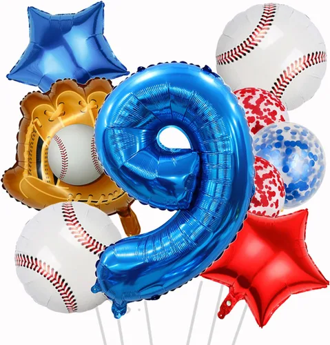 Vista 22 de Globos de béisbol de papel de aluminio para decoración de cumpleaños, globos con el número 2, globos de confeti de estrella roja y azul