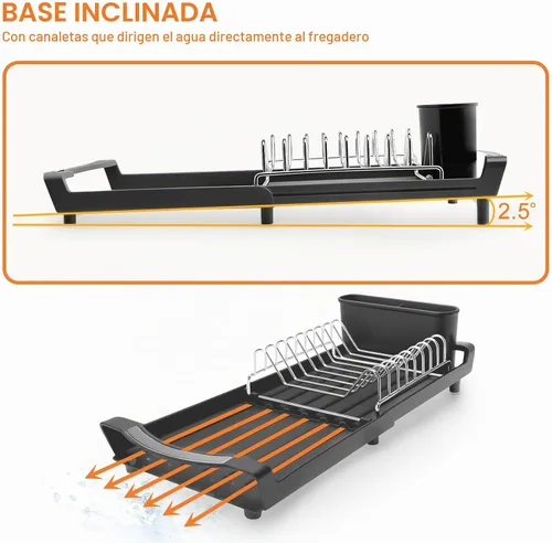 Vista 5 de Estante para secar platos compacto y expandible - Un escurridor de platos de acero inoxidable, resistente a la oxidación, que ahorra espacio