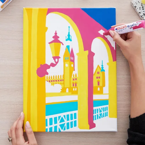 Vista 5 de edding 5000 marcadores acrílicos anchos – amarillo, azul, rosa y turquesa – Paquete de 5 marcadores de pintura acrílica (abstracto) – Punta