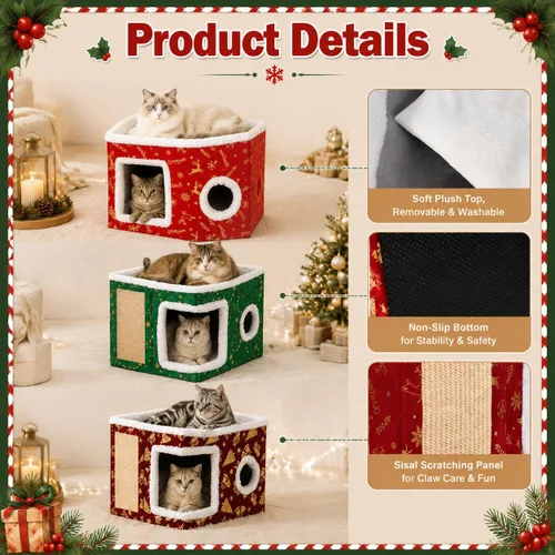 Vista 3 de Cama de Navidad para gatos grandes para interiores con almohadilla para Verde