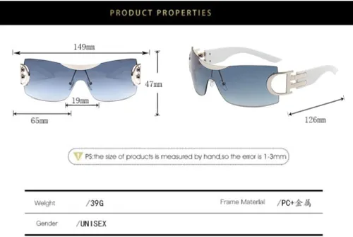 Vista 2 de Gafas de sol progresivas sin marco de una pieza Gafas de sol resistentes a los rayos UV Gafas de sol ahuecadas Decoración de metal