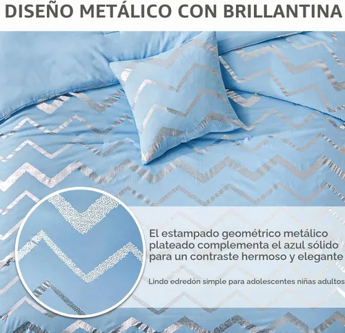 Vista 5 de Menghomeus Juego de edredón azul/plateado tamaño Twin/Twin XL, estampado metálico con purpurina, edredón de cama bonito y brillante, juegos de ropa