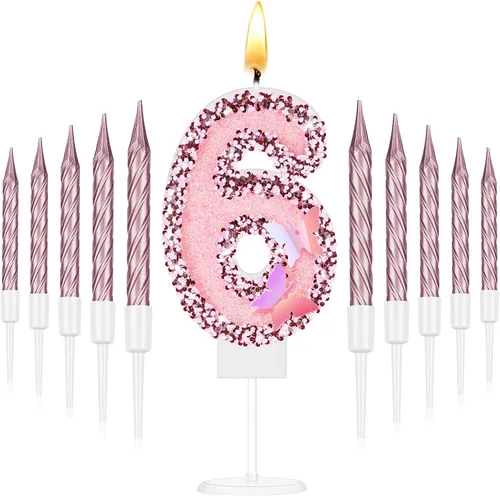 Vista 15 de Amylove Vela de cumpleaños número 0, decoración de pastel de mariposa con purpurina rosa con 10 velas delgadas, decoraciones de cumpleaños número 0