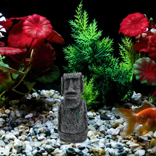 Vista 2 de balacoo Estatua de Moai de Pascua para decoración de acuario, estatua de cabeza de isla de Pascua de resina, decoración de paisaje de peces Betta
