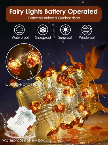 Vista 3 de 30LED Acorn Fairy Lights Battery Operated Fall String Lights Indoor Decor Remote Control, 8 Lighting Modes, IP44 Waterproof, Timer & Dimmable