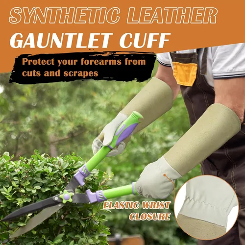 Vista 3 de HANDLANDY Guantes de poda largos para hombres y mujeres, de piel de cerdo, guantes de jardinería de rosas, guantes transpirables y duraderos