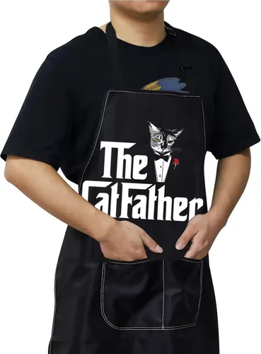 Vista 5 de WZMPA Divertido delantal de cocina Catfather con bolsillos, regalo para papá y gato, delantal ajustable para cocinar, hornear, asar a la parrilla