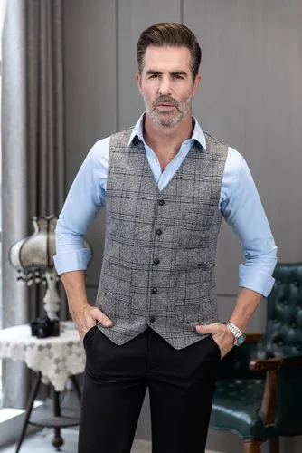Vista 5 de Chaleco de traje vintage para hombre, chaleco de tweed a cuadros, chaleco de ajuste regular para padrinos de boda