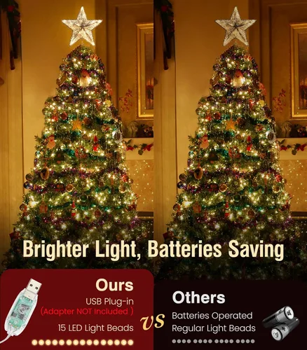 Vista 3 de Luxspire Estrella Superior para Árbol de Navidad, Luces LED de Metal con Purpurina 3D para Decoraciones Navideñas, Operada con Control Remoto y USB