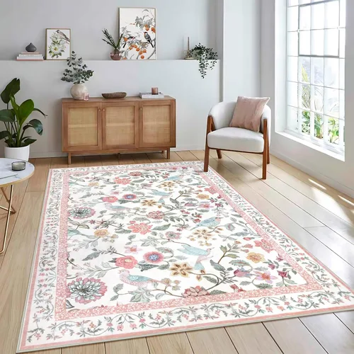 Vista 18 de Rugalia Alfombra de pasillo floral azul, alfombra lavable de 2 x 6 pies para pasillos, antideslizante, suave, de pelo bajo, con flores, pájaros, Rosa