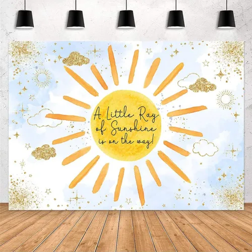 Vista 2 de Avezano Sunhine - Telón de fondo de baby shower para bebé niño Un pequeño rayo de sol está en camino, fondo fotográfico con purpurina, nube