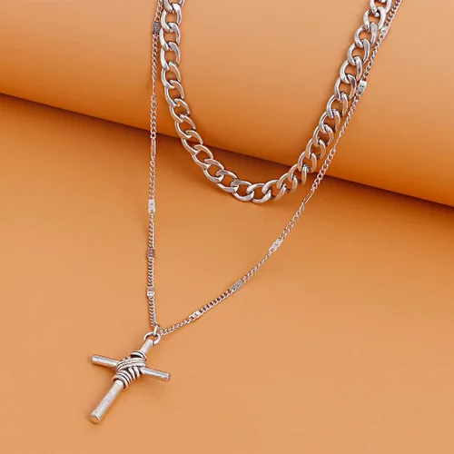 Vista 7 de Collar de cruz en capas de plata, gargantilla gruesa, collar con colgante de cruz para mujer