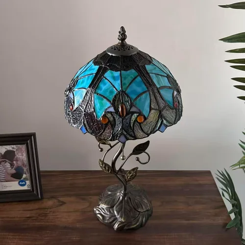Vista 7 de Tiffany - Lámpara de mesa verde y marrón, hierro con hojas de metal, base de bronce, incluye bombilla LED, lámpara de enlace para sala de estar