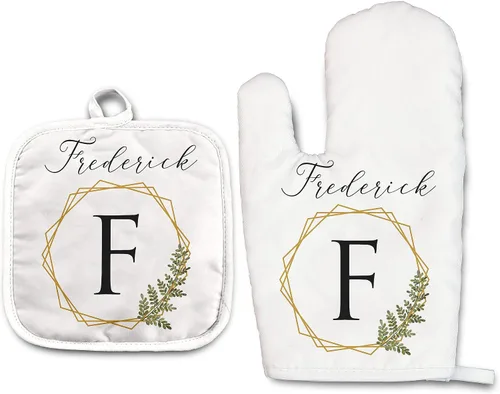 Vista 27 de Angela's Kitchen - Juego de guantes de horno personalizados y soporte para ollas Regalos de cocina personalizados Inauguración de la casa