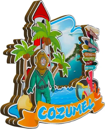Vista 2 de Cozumel - Imán de madera para nevera, diseño de México, monumales 3D, recuerdos coleccionables, decoración hecha a mano, 2027