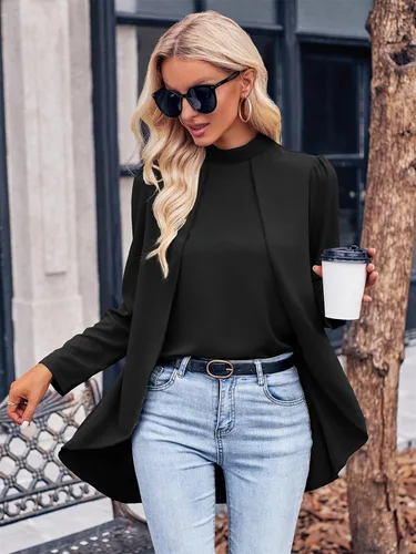 Vista 3 de Blusas casuales de gasa con cuello redondo para mujer, de gasa, de manga larga, holgadas