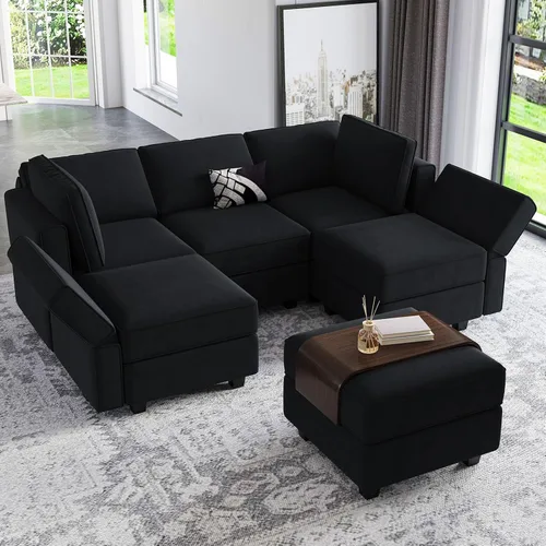 Vista 5 de Belffin Sofá Seccional Modular de Terciopelo con Chaise Lounge Sofá Cama Seccional con Chaise de Almacenamiento Sofás Cama Sofá para Sala de Estar