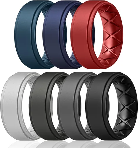 Vista 7 de Egnaro - Anillos de boda de silicona con borde escalonado para hombres con diseño de arco en el interior, 7, 4 y 1 anillo, cómodos para entrenar