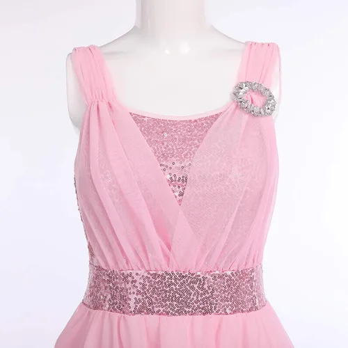 Vista 4 de ODASDO Vestido de baile lírico para mujeres adultas, moderno, contemporáneo, con lentejuelas, tul de malla, falda alta y baja, ropa de baile