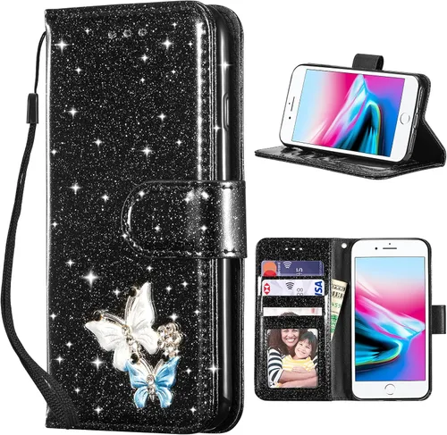 Vista 23 de UEEBAI Funda tipo cartera para iPhone 11, funda de piel sintética con purpurina para teléfono, ranuras para tarjetas, funda con función atril Negro
