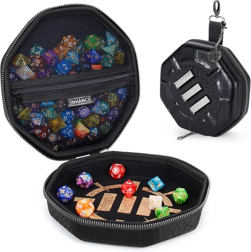 Vista 13 de ENHANCE Bandeja y estuche para dados DND – Soporte para dados DND para hasta 150 dados D&D con exterior duro resistente e interior suave protector.