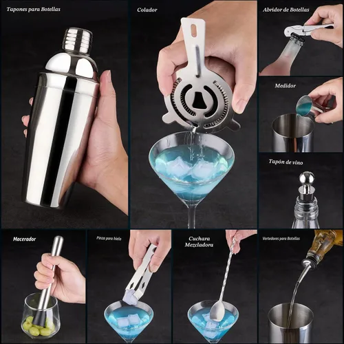 Vista 4 de Juego de Coctelera para Bartender: Kit de Bartender de Acero Inoxidable de 15 Piezas con Soporte Acrílico, Juego de Bar con Todos los Accesorios