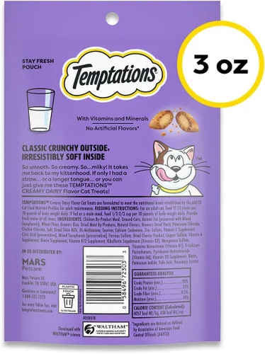 Vista 10 de Golosinas Temptations clásicas para gatos, empaque múltiple Under 2 calories per treat, 100% complete & balanced for adult cats, resealable