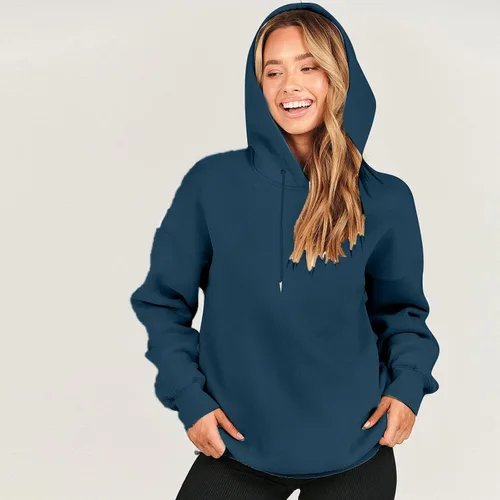 Vista 7 de Sudaderas de invierno para mujer, casual, color sólido, sudaderas con capucha y cordón de manga larga, camisas regulares