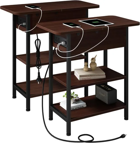 Vista 7 de LIDYUK Mesa auxiliar con estación de carga, mesa auxiliar abatible con puertos USB y tomas, mesita de noche para espacios pequeños, mesitas de noche