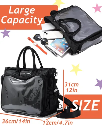 Vista 4 de Mochila grande Ita de hombro con inserto, bolso kawaiI Ita, para exhibición de pines, anime para fanáticos de Kpop (pines no incluidos) (negro)
