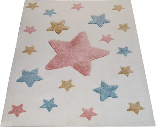 Vista 4 de Paco Home Alfombra de pelo bajo para habitación de niños, colores pastel, diseño de estrellas, lindo en crema, tamaño: 2 pies 8 pulgadas x 4 pies 11