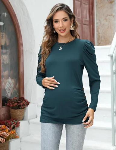 Vista 2 de Camisas de maternidad para mujer, cuello cuadrado, manga larga abombada, linda, casual, blusas, ropa de otoño