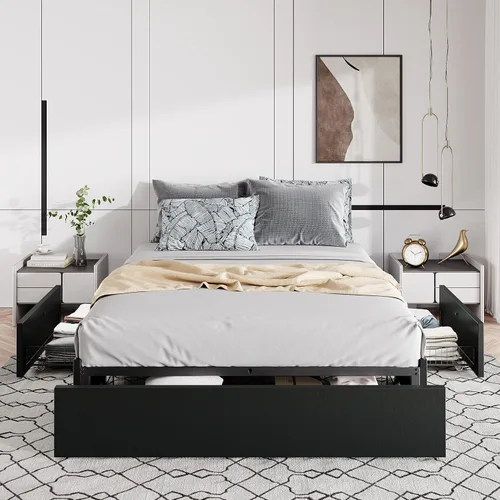 Vista 6 de Marco de cama Allewie tamaño matrimonial con plataforma y 3 cajones de almacenamiento, tapizado en piel sintética, soporte de listones de madera,