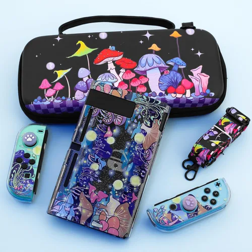 Vista 7 de HYPERCASE Cute Carrying Case Set for Nintendo Switch Accessories, Magical Mushroom Hard Travel Storage Bag with Glitter Protective Cover Skin for
