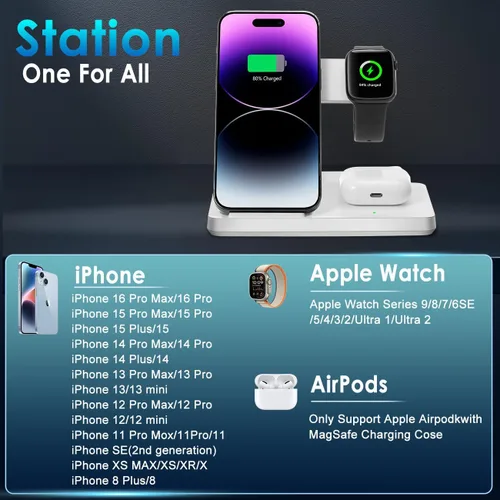 Vista 9 de Cargador inalámbrico, estación de carga 3 en 1 para múltiples dispositivos, soporte de carga para iPhone serie 8-16, Apple Watch, AirPods Pro 3 2