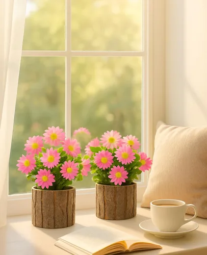 Vista 6 de AceList Juego de 2 flores artificiales, decoración rústica de granja para estante de baño, escritorio de oficina, pequeñas plantas en maceta de Rosa
