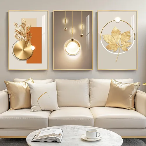 Vista 24 de Arte de pared moderno enmarcado en blanco y negro, 3 piezas de impresiones contemporáneas grandes para paredes, juego de 3 imágenes de hojas doradas